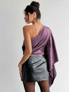 Firerie Stylish Purple Textured One Shoulder Top For Women Casual Ruched Asymmetrical Long Fitted Blouse - Purple - View 5