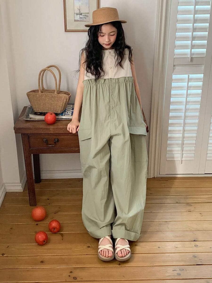 DAZY Tween Girl Contrast Button Pocket Sleeveless Casual Wide Leg Jumpsuit Summer - Army Green - View 1