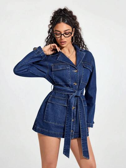 Jeanoix Women's Collared Single-Breasted Knotted Waist Design Denim Dress, Fashionable For Dates And Outings Long Sleeve Denim Dress Blue Jean Dress Women Denim Dress For Curvy Woman Valentine Outfits For Women Elegant Dresses For Party Wedding Guest Dress For Women Going Out Top Summer Holiday Y2k Vacation Outfits Women Women's Denim Dress