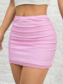 SHEIN EZwear 粉色针织网眼褶皱紧身迷你裙（女款） - 粉色 - 查看 4