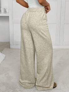 SHEIN EZwear Celana Rajut Wanita Kasual Warna Polos dengan Potongan Lebar, Musim Gugur/Dingin - Krem - View 2