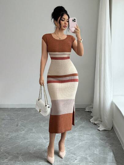 Elenzga Women's Spring/Summer New U-Neck Fitted Mid-Length Hem Slit Half Sleeve Elegant High-End Lady Striped Design Versatile Knit Dress
