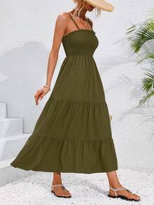 Breezaya 女士褶皱荷叶边吊带连衣裙长款女装 - 綠色 - 查看 4