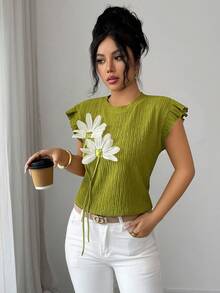 Elenzga 女士优雅通勤休闲度假时尚上衣，高弹力纹理针织波浪图案面料，撞色花卉圆领荷叶边短袖修身绿色T恤，春夏款 - 綠色 - 查看 4