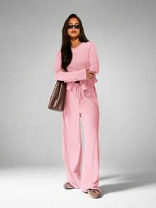 MISSGUIDED Soft Touch Two Piece Coordinating Set Long Sleeve Cardigan With Wide Leg Drawstring Pants Loungewear - Pink - View 4