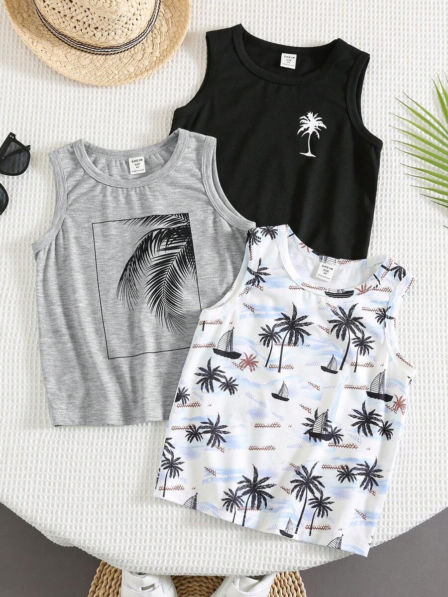 3pcs/Set Tween Boys Casual Vacation Style Palm Tree Print Sleeveless Loose Knit Tank Top Set, Suitable For School, Vacation, Spring & Summer - Grey - View 1