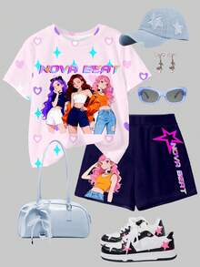 两件套少女休闲套装 - 亮粉色和藏蓝色动漫少女肖像印花短袖圆领T恤和短裤套装，适合春夏日常、居家、运动、上学、休闲放松等场合。 - 彩色 - 查看 3