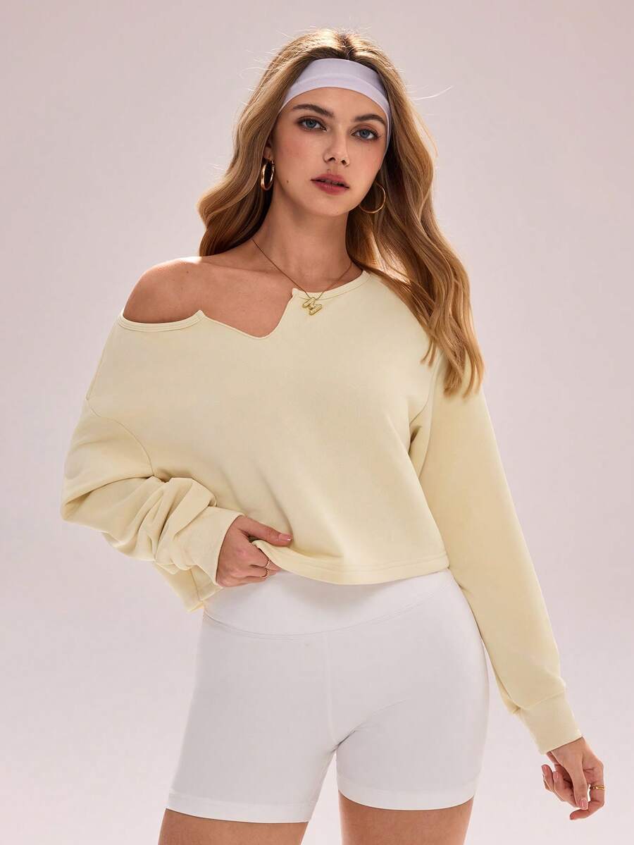 Sovereign Charm Women's Casual Minimalist Asymmetric-Shoulder Asymmetric-Shoulder Sweatshirt, Suitable For Spring And Autumn - Yellow - View 1