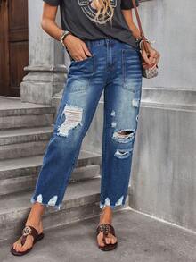 EMERY ROSE Women's Casual Everyday Washed Distressed Straight Leg Jeans Ripped Jeans Distressed Jeans Ripped Women Jeans Boyfriend Jeans Women Baggy Jeans - Blue - View 1
