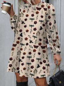 EMERY ROSE Plus Size Elegant Floral & Botanical Print Pleated Round Neck Dress,Beige,Autumn,Boho,Everyday Wildflower Long Sleeve Puffy Sleeve Dresses For Women - Apricot - View 1