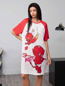 SHEIN HOT STUFF Women's Cartoon Heart Print Contrast Color Raglan Sleeve Loose Sleep Dress, Summer - Red and White - View 6