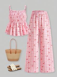 SHEIN ChillGRL Bộ 2 món dành cho thiếu nữ, gồm áo hai dây in họa tiết hoa có bèo nhún và quần ống rộng, thích hợp cho đi làm hàng ngày, dạo phố, đi nghỉ mát, đi chơi, dự tiệc, đi biển. - Đỏ - Xem 3