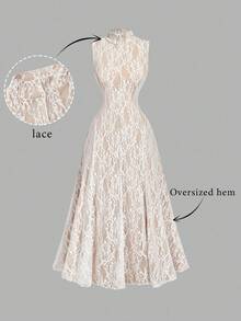 SHEIN MOD Đầm ren màu mơ dáng xòe, cổ đứng, cỡ lớn, dành cho người có vóc dáng đầy đặn. - Màu be - Xem 7