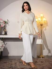 Modelyn Elegant Apricot Plain Long Sleeve Button Front Shirt With Flared Hem For Women Women's Spring/Summer Apricot Long Sleeve Faux Linen Bamboo Knot Tie Waist A-Line Elegant Blouse  Women's Plain Apricot Long Sleeve Blouse With Shirt Collar And Button Front Details Elegant Women's Apricot Blouse Long Sleeve Shirt Collar Button Front Flared Hem Top - Apricot - View 7