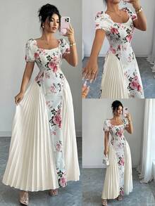 Elenzga Robe mi-longue élégante pour femmes, style français léger pour les vacances, les voyages, et les sorties. Design contrasté Top de gamme avec motif floral rose. Idéale pour la Saint-Valentin et les rendez-vous. Avec manches bouffantes et col carré plissé. - Multicolore - Voir 8