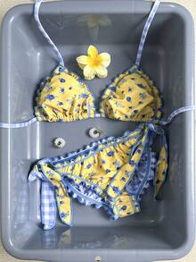 Soleia 复古彩色豹纹、斑马纹、花卉印花荷叶边系带流苏装饰沙滩比基尼套装（女士款） - 彩色 - 查看 2