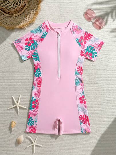 SHEIN Tween Girl One-Piece Shorts Swimsuit, Round Neck Design With Front Zipper For Easy Wear, Main Body In Pink, Sleeves And Sides Featuring Floral And Leaf Pattern Fabric In Pink And Purple, Suitable For Vacation, Swimming, Beach, Surfing