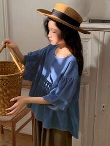 DAZY Tween Girls Round Neck Short Sleeve Denim Top - Blue - View 1