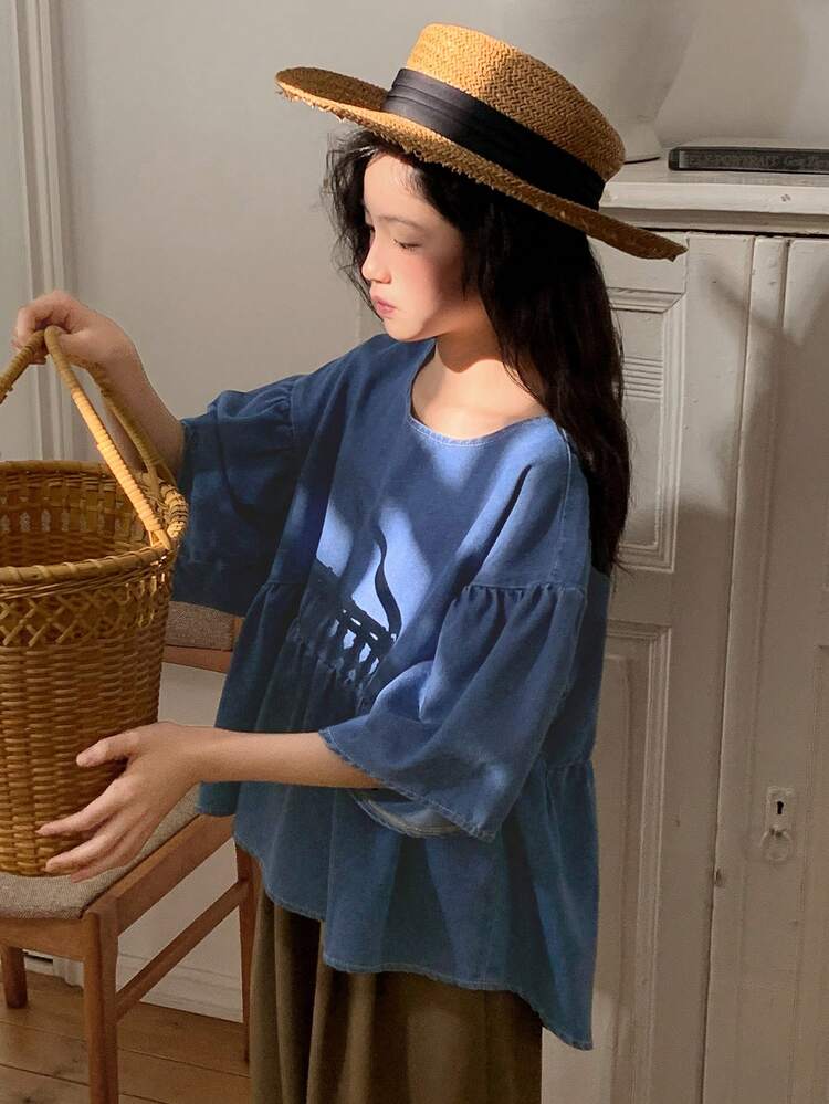 Tween Girls Round Neck Short Sleeve Denim Top Summer