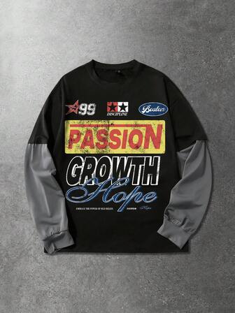 T-shirt de sport casual 2 en 1 à col rond avec imprimé slogan pour hommes