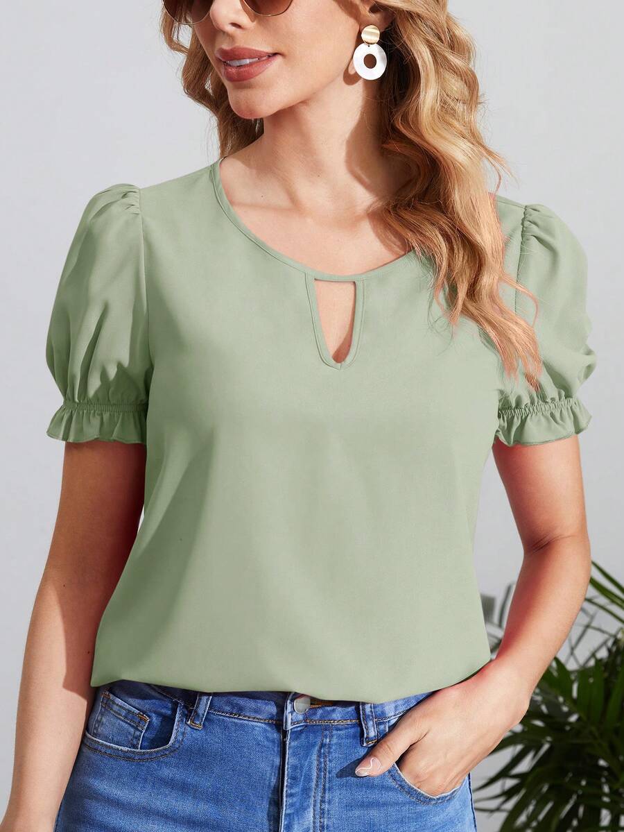 SHEIN Clasi 女士纯色镂空领口优雅短袖衬衫 - 薄荷綠 - 查看 1
