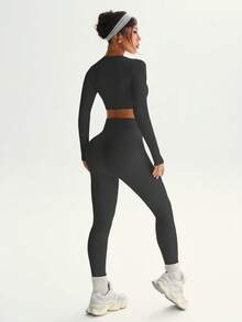 Dewbera Conjunto deportivo de mujer con costillas sin costuras y elástico - Gris Oscuro - Ver 7
