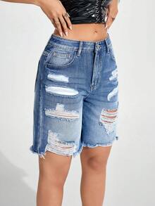 Jeanoix Women's Casual Everyday Commute Fashion Street Ripped Raw Edge Loose Denim Shorts, Summer - Dark Wash - View 5
