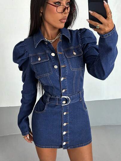 StreetHx Women's Casual Denim Dress With Front Buttons And Puff Sleeves, Autumn