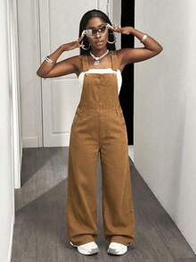 Slaydiva 女士休闲日常通勤时尚街头宽松纯色牛仔背带裤 - 棕色 - 查看 3