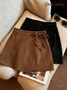 SHEIN Franclia Damen Shorts mit Spitzenbesatz, braune einfarbige Shorts, Sommer-Date/Urlaubs/Retro/elegante Abendgarderobe mit Designelementen, lässige Shorts mit entspanntem Gefühl, weite Hose. Romantisches Date, einzigartig und stilvoll, perfekt für Urlaub, Strandmode, vielseitiger Stil. Leichte Luxus-Atmosphäre, einfarbige Shorts mit Spitzenbesatz. Braune Shorts mit Tunnelzug-Rock - Braun - Übersicht 2