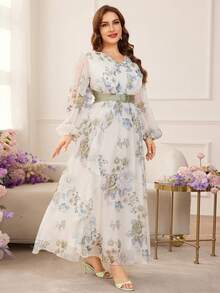 Modelyn 大码女士优雅V领长袖修身连衣裙 - 彩色 - 查看 2