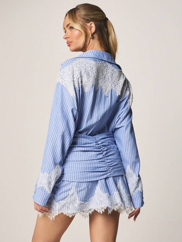MISSGUIDED Striped Shirt Dress With Lace Trim Button Front And Tie Waist Detail Long Sleeve Mini Dress For Spring Summer Casual Day Occasions