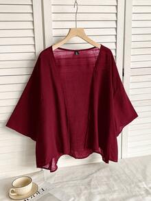 SHEIN EZwear Summer Short Thin Lightweight Textured Plus Size Short Jacket In Fall/Winter Women's Cardigan Summer Cardigan - Burgundy - View 9