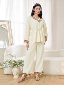 Teen GirlElegant Floral V-Neck Blouse And Pants Holiday Outfit Set - Apricot - View 8