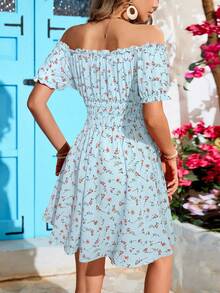 Vivid Eden 露肩荷叶边下摆高腰夏季沙滩连衣裙（女款） - 藍色 - 查看 2