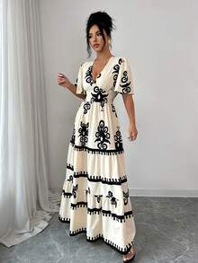 SHEIN Elenzya Đầm nữ dáng tiêu chuẩn, hở lưng, in họa tiết, kiểu dáng thanh lịch, thích hợp cho kỳ nghỉ. - Màu be - Xem 6