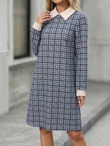 EMERY ROSE 女士翻领长袖直筒宽松格子迷你连衣裙 - 藍色 - 查看 3