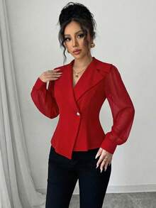 Elenzga 女士优雅浪漫修身长袖西装外套 - 紅色 - 查看 6