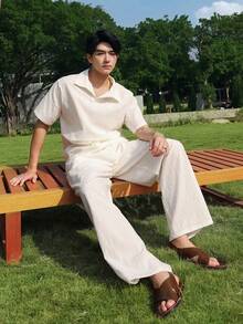 DAZY Men's Solid White Pleated Fabric Polo Shirt Set, Spring/Summer - White - View 5