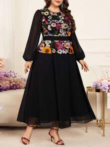 Modelyn 优雅3D立体花卉网纱雪纺拼接圆领长袖收腰A字连衣裙，大码款式，春秋季 - 彩色 - 查看 3