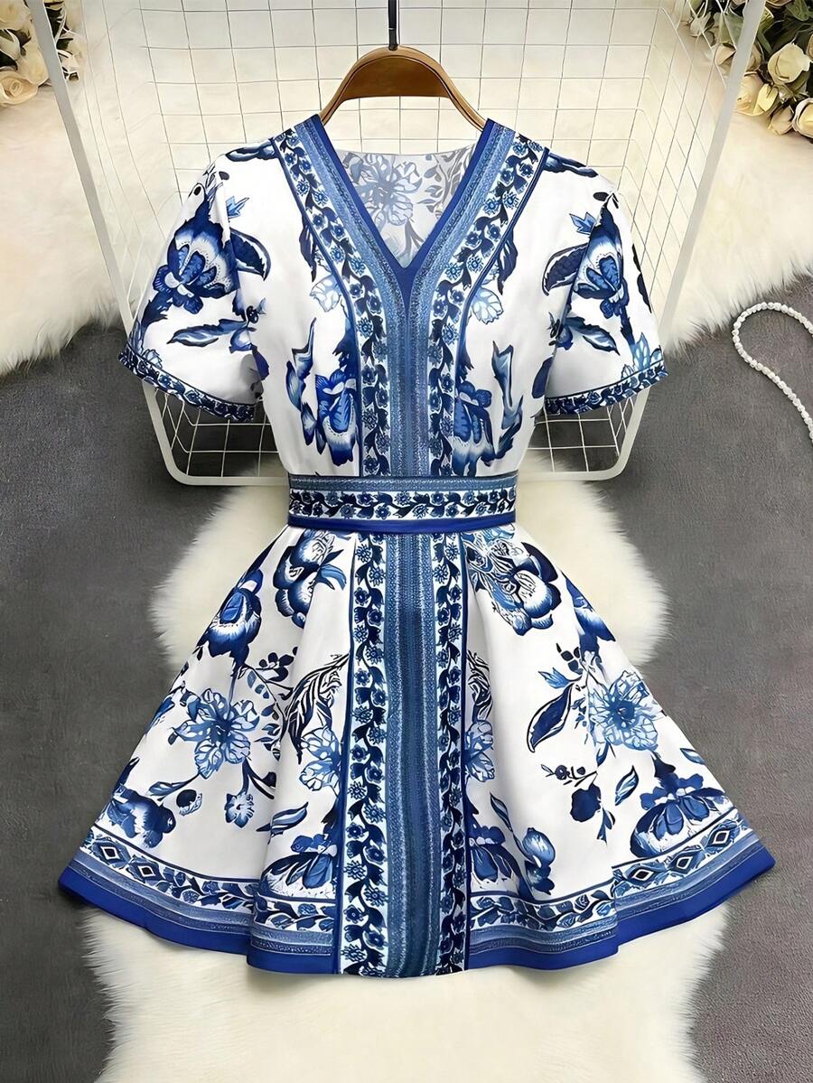 Franclia 女士优雅时尚浪漫波西米亚风度假休闲短袖印花连衣裙 - 藍色 - 查看 1