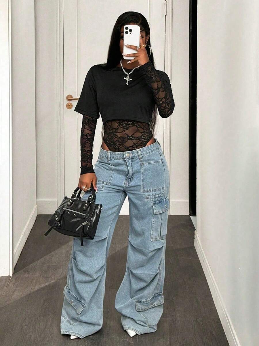 SHEIN PETITE Women's Long Sleeve Sexy Lace Bodysuit - Black - View 1