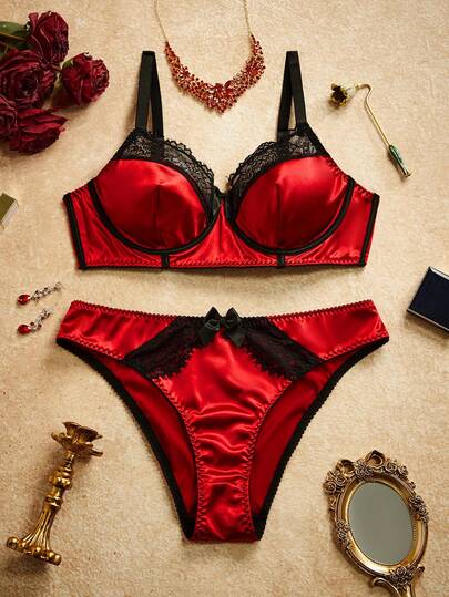 PinupPomp 2pcs Plus Size Lace Patchwork Lingerie Set, Valentine's Day