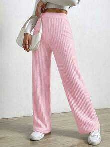 SHEIN EZwear 女士休闲日常通勤简约纯色罗纹针织宽松直筒裤，适合情人节约会 - 淺粉色 - 查看 3