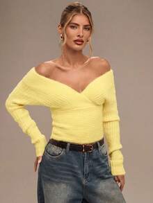 SHEIN BAE 1 chiếc áo len nữ tay dài, màu trơn, kiểu dáng ôm sát, không vai, thời trang. - Màu vàng - Xem 8