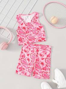 SHEIN 2件套 女童碎花针织圆领休闲背心和短裤运动服套装 - 粉色 - 查看 4