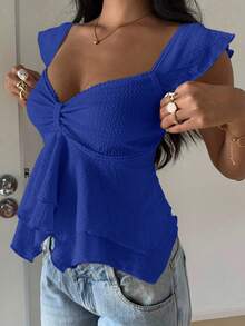 SHEIN EZwear Women's Textured Knit Ruffle Hem Sweetheart Neck Cap Sleeve Elegant T-Shirt, Rave Top - Royal Blue - View 6