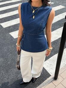 Siren Gaze Women's Blue Denim Wrap-Style Shirt With Bow Tie, Elegant Women's Clothing,Spring Break Outfits ,Valentine Clothes Summer Casual - Dark Wash - View 6