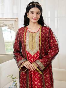 少女网纱长袖外套和印花长袖连衣裙套装 - 紅色 - 查看 4