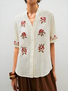2026 Studio Camisa casual de mujer con decoración de bordado floral de manga corta - Blanco - Ver 6